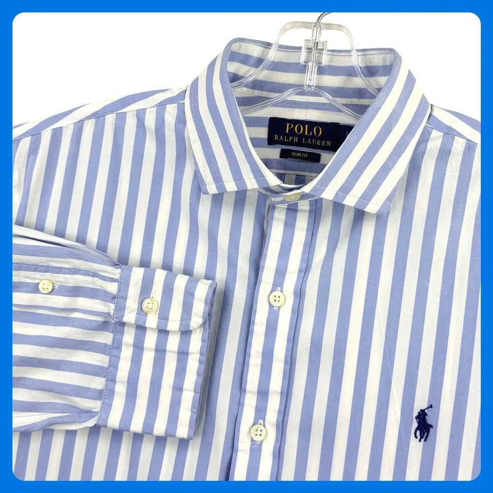 Polo Ralph Lauren Striped Button Up Shirt Men Large Blue White Cotton Slim Fit